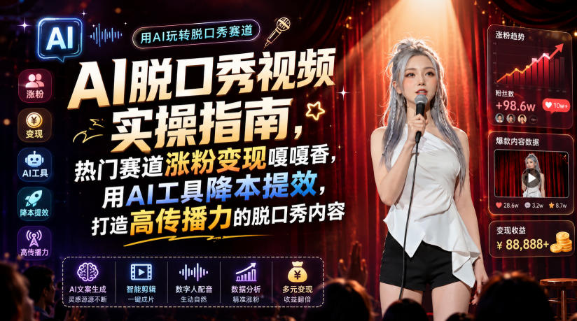 AI脱口秀视频实操指南,热门赛道涨粉变现嘎嘎香,用AI工具降本提效,打造高传播力的脱口秀内容-资源之家
