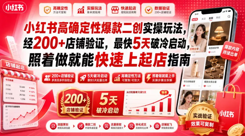 小红书高确定性爆款二创实操玩法,经200+店铺验证,最快5天破冷启动,照着做就能快速上起店指南-资源之家
