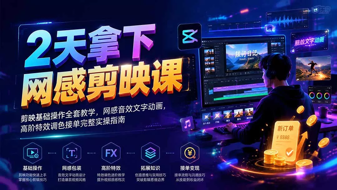 2天拿下网感剪辑课｜剪映基础操作全套教学，网感音效文字动画，高阶特效调色接单完整实操指南-资源之家