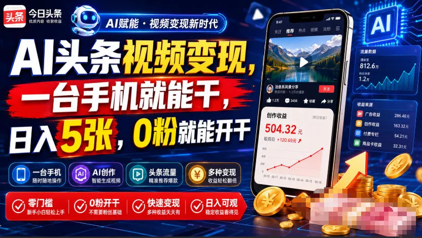 AI头条视频变现，一台手机就能干，日入5张，0粉就能开干-资源之家