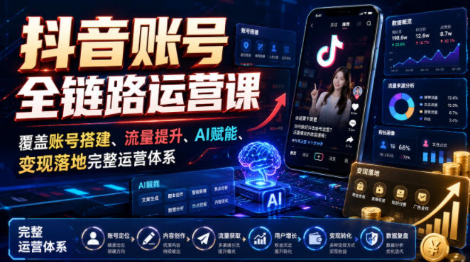 抖音账号全链路运营课,覆盖账号搭建、流量提升、AI赋能、变现落地完整运营体系-资源之家