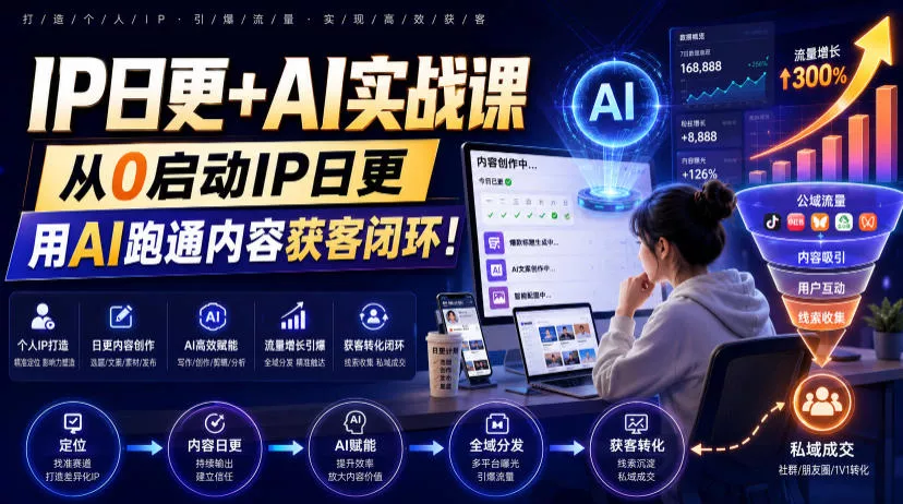 IP日更+AI实战课，从0启动IP日更，IP置顶视频制作+100条选题库搭建+10条日更规划，用AI跑通内容获客闭环!-资源之家