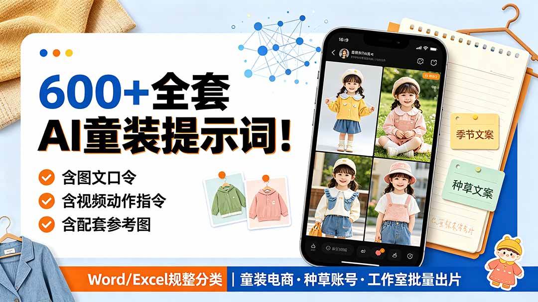 (19302期)600+全套AI童装提示词!含图文口令+视频动作指令+配套参考图,Word/Excel规整分类,童装电商、种草无脑量产内容-资源之家
