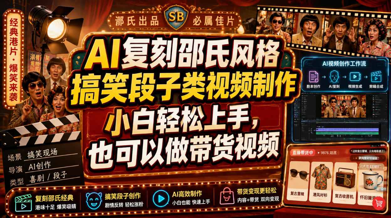 AI复刻邵氏风格搞笑段子类视频制作，小白轻松上手，也可以做带货视频-资源之家