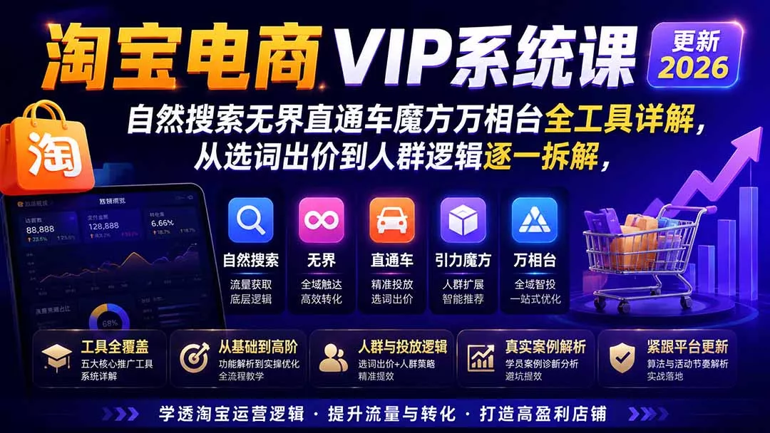 淘宝电商VIP系统课-更新8月；自然搜索无界直通车魔方万相台全工具详解，从选词出价到人群逻辑逐一拆解-资源之家