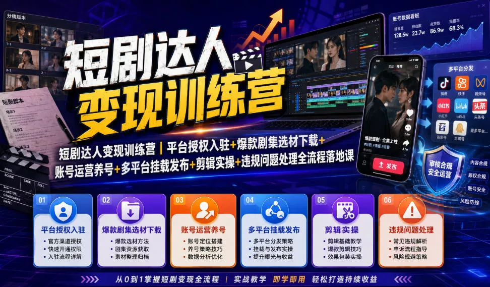 短剧达人变现训练营｜平台授权入驻+爆款剧集选材下载+账号运营养号+多平台挂载发布+剪辑实操+违规问题处理全流程落地课-资源之家
