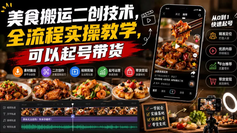 美食搬运二创技术，全流程实操教学，可以起号带货-资源之家