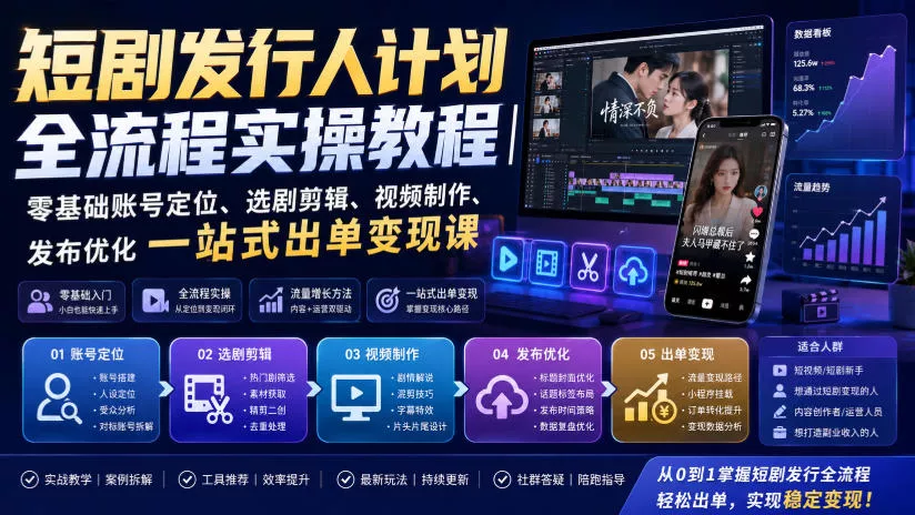 短剧发行人计划全流程实操教程｜零基础账号定位、选剧剪辑、视频制作、发布优化一站式出单变现课-资源之家