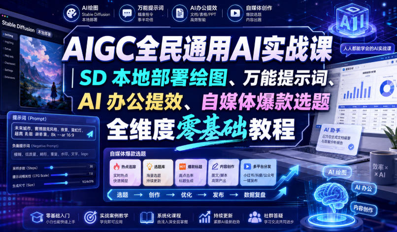AIGC全民通用AI实战课｜SD本地部署绘图、万能提示词、AI办公提效、自媒体爆款选题全维度零基础教程-资源之家