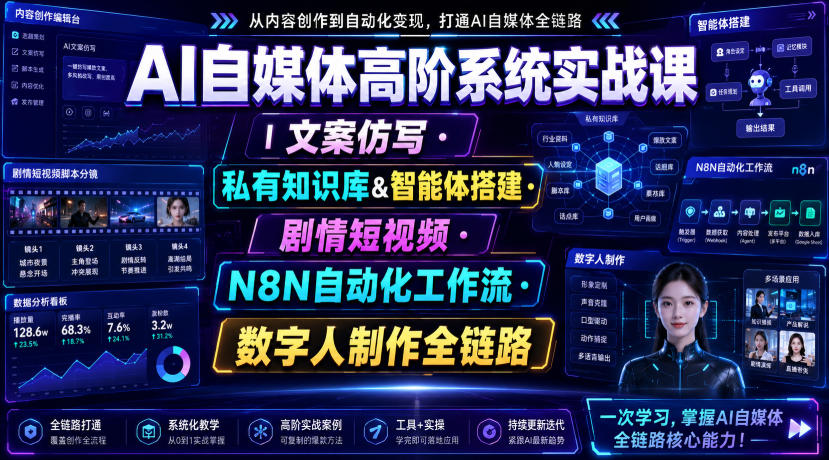 AI自媒体高阶系统实战课｜文案仿写・私有知识库&智能体搭建・剧情短视频・N8N自动化工作流・数字人制作全链路-资源之家