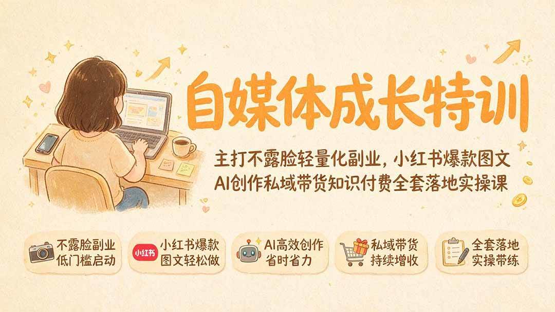 （19584期）自媒体成长特训｜主打不露脸轻量化副业，小红书爆款图文AI创作私域带货知识付费全套落地实操课-资源之家