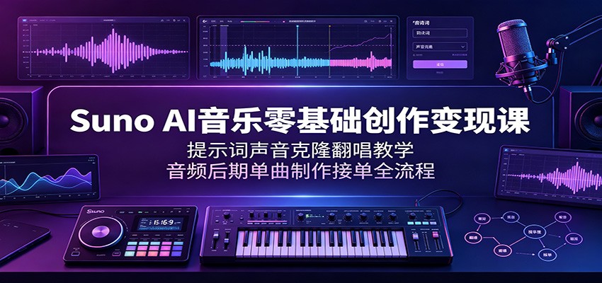 Suno AI音乐零基础创作变现课：提示词声音克隆翻唱教学，音频后期单曲制作接单全流程-资源之家