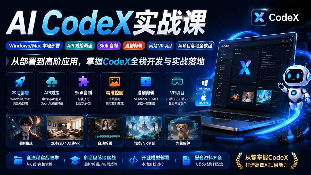 AI CodeX实战课｜Windows/Mac 本地部署｜API 对接调通｜Skill 自制｜漫剧剪辑｜网站 VR 项目｜AI项目落地全教程-资源之家