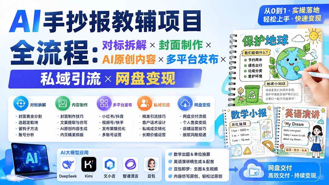 （19785期）AI手抄报教辅项目全流程：对标拆解×封面制作×AI原创内容×多平台发布×私域引流×网盘变现-资源之家