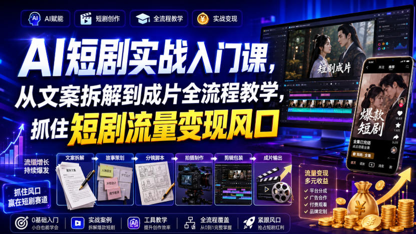 AI短剧实战入门课，从文案拆解到成片全流程教学，抓住短剧流量变现风口-资源之家