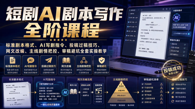 短剧AI剧本写作全阶课程｜标准剧本格式、AI写剧指令、投稿过稿技巧、网文改编、主线剧情把控、审稿避坑全套实操教学-资源之家