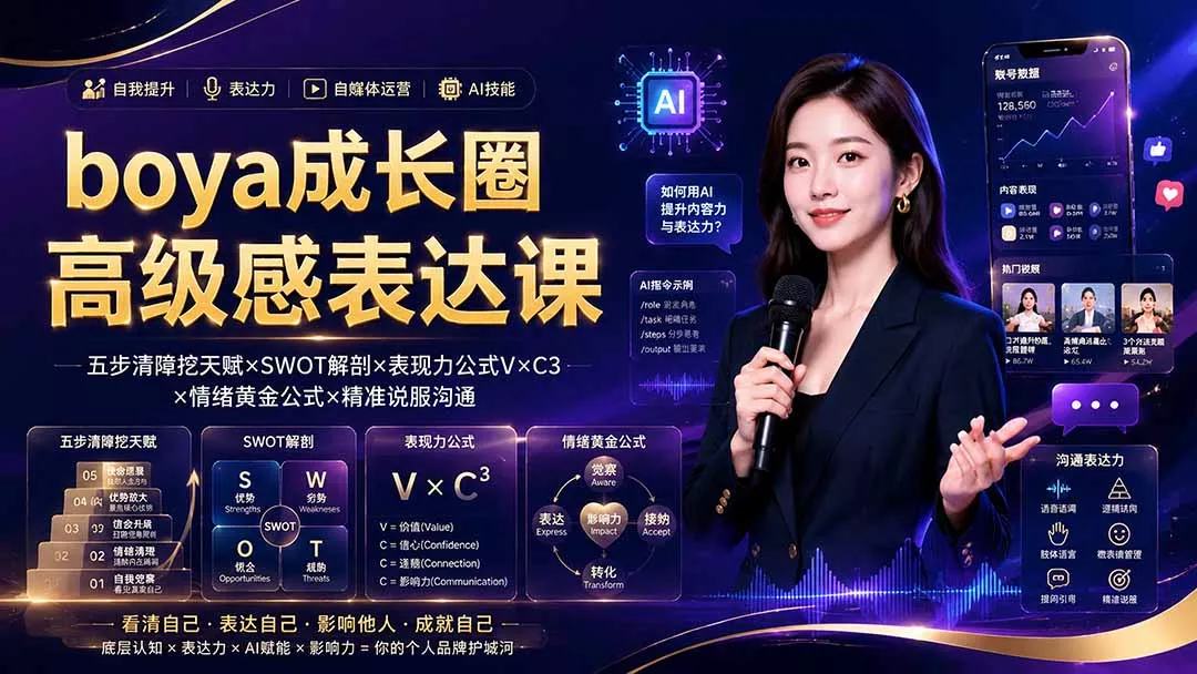 boya成长圈｜内心成长高级表达AI自媒体三合一，消解内耗挖掘天赋，镜头沟通AI指令短视频全流程教学-资源之家