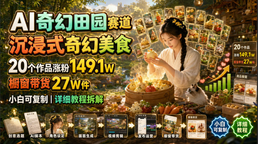 AI奇幻田园赛道,沉浸式奇幻美食,20个作品涨粉149.1W,橱窗带货27W件,小白可复制,详细教程拆解-资源之家