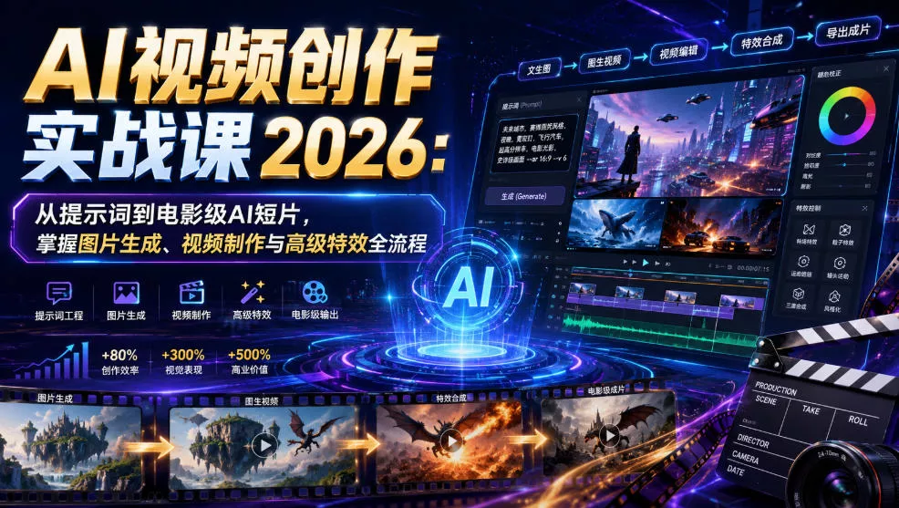 AI视频创作实战课2026:从提示词到电影级AI短片,掌握图片生成、视频制作与高级特效全流程-资源之家