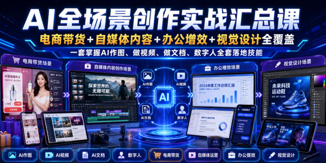 AI全场景创作实战汇总课｜电商带货+自媒体内容+办公增效+视觉设计全覆盖，一套掌握AI作图、做视频、做文档、数字人全套落地技能-资源之家