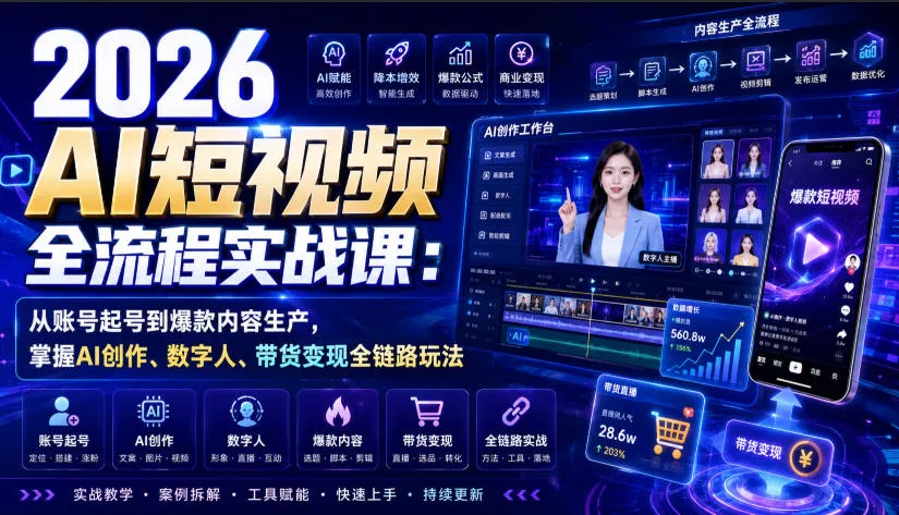 2026 AI短视频全流程实战课：从账号起号到爆款内容生产，掌握AI创作、数字人、带货变现全链路玩法-资源之家
