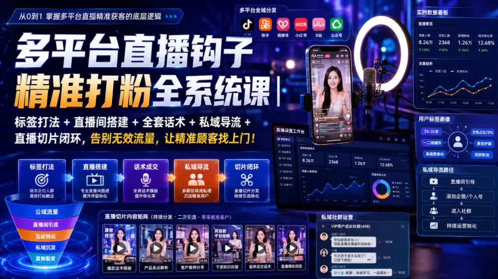 多平台直播钩子精准打粉全系统课｜标签打法+直播间搭建+全套话术+私域导流+直播切片闭环，告别无效流量，让精准顾客找上门！-资源之家