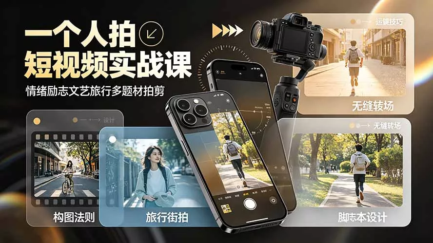 一个人拍短视频实战课:情绪励志文艺旅行多题材×五大景别×黄金构图×八大运镜,从拍摄到成片高效创作-资源之家