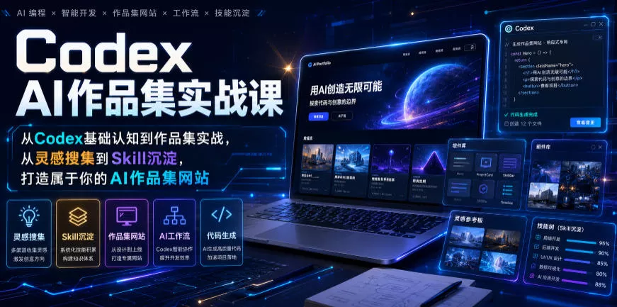 Codex AI作品集实战课,从Codex基础认知到作品集实战,从灵感搜集到Skill沉淀,打造属于你的AI作品集网站-资源之家