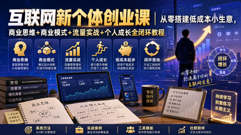 互联网新个体创业课｜从零搭建低成本小生意，商业思维+商业模式+流量实战+个人成长全闭环教程-资源之家