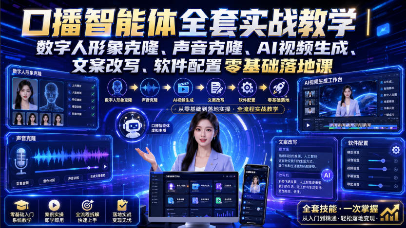 口播智能体全套实战教学｜数字人形象克隆、声音克隆、AI视频生成、文案改写、软件配置零基础落地课-资源之家