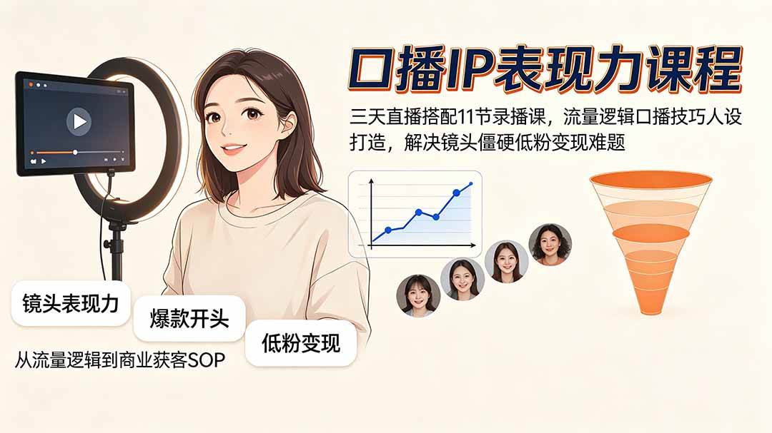 （19604期）口播IP表现力课程｜三天直播搭配11节录播课，流量逻辑口播技巧人设打造，解决镜头僵硬低粉变现难题-资源之家