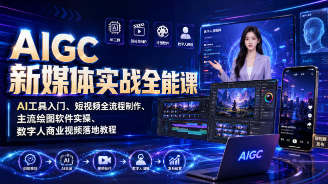 AIGC新媒体实战全能课｜AI工具入门、短视频全流程制作、主流绘图软件实操、数字人商业视频落地教程-资源之家