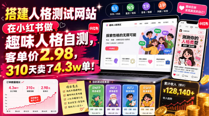 搭建人格测试网站在小红书做趣味人格自测,客单价2.98,310天卖了4.3w单!-资源之家