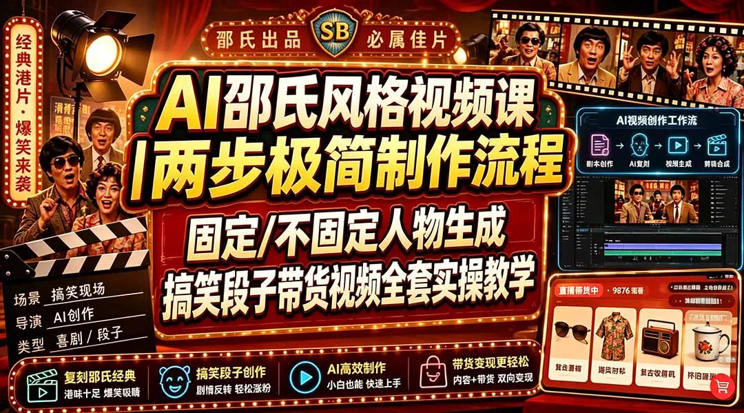 AI邵氏风格视频课｜两步极简制作流程，固定/不固定人物生成，搞笑段子带货视频全套实操教学-资源之家