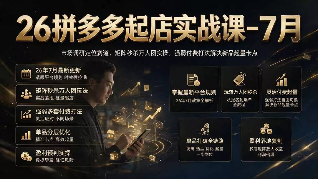 26拼多多起店实战课-7月｜市场调研定位赛道，矩阵秒杀万人团实操，强弱付费打法解决新品起量卡点-资源之家