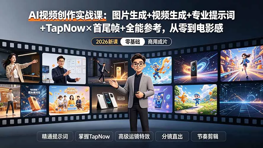 AI视频创作实战课:图片生成+视频生成+专业提示词+TapNow×首尾帧+全能参考,从零到电影感成片-资源之家