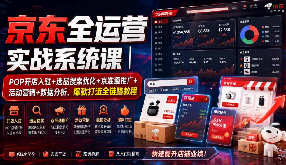 京东全运营实战系统课｜POP开店入驻+选品搜索优化+京准通推广+活动营销+数据分析，爆款打造全链路教程-资源之家