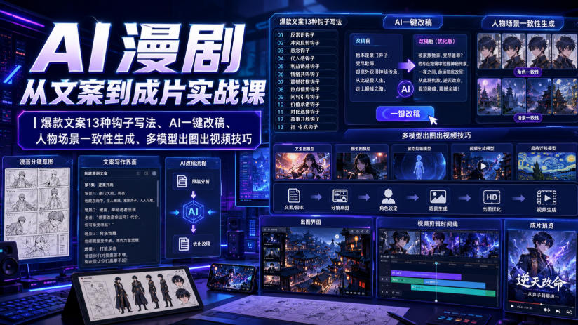 AI漫剧从文案到成片实战课｜爆款文案13种钩子写法、AI一键改稿、人物场景一致性生成、多模型出图出视频技巧-资源之家