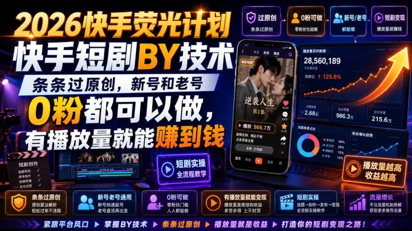 2026快手荧光计划，快手短剧搬运技术，条条过原创，新号和老号0粉都可以做，有播放量就能賺到钱-资源之家