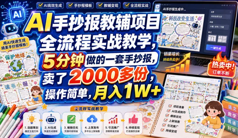 AI手抄报教辅项目全流程实战教学，5分钟做的一套手抄报，卖了2000多份，操作简单，月入1W+-资源之家