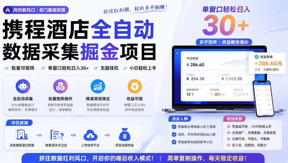 携程酒店采集挂G项目，批量可矩阵，单机轻松日入300+，开启你的睡后收入模式!【揭秘】-资源之家