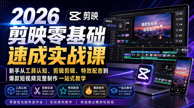 2026剪映零基础速成实战课｜新手从工具认知、剪辑剪辑、特效配音到爆款短视频完整制作一站式教学-资源之家