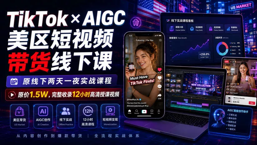 TikTok×AIGC美区短视频带货线下课，原线下两天一夜实战课程，原价1.5W，完整收录12小时高清授课视频-资源之家