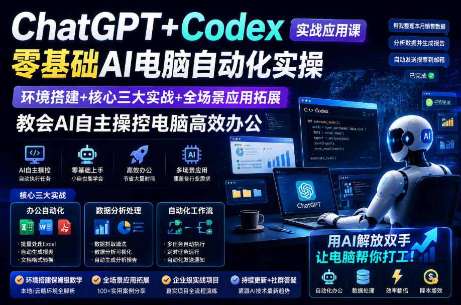 ChatGPT+Codex实战应用课｜零基础AI电脑自动化实操，环境搭建+核心三大实战+全场景应用拓展，教会AI自主操控电脑高效办公-资源之家