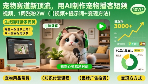 宠物赛道新顶流，用AI制作宠物播客短视频，1周涨粉2W（视频+提示词+变现方法）-资源之家