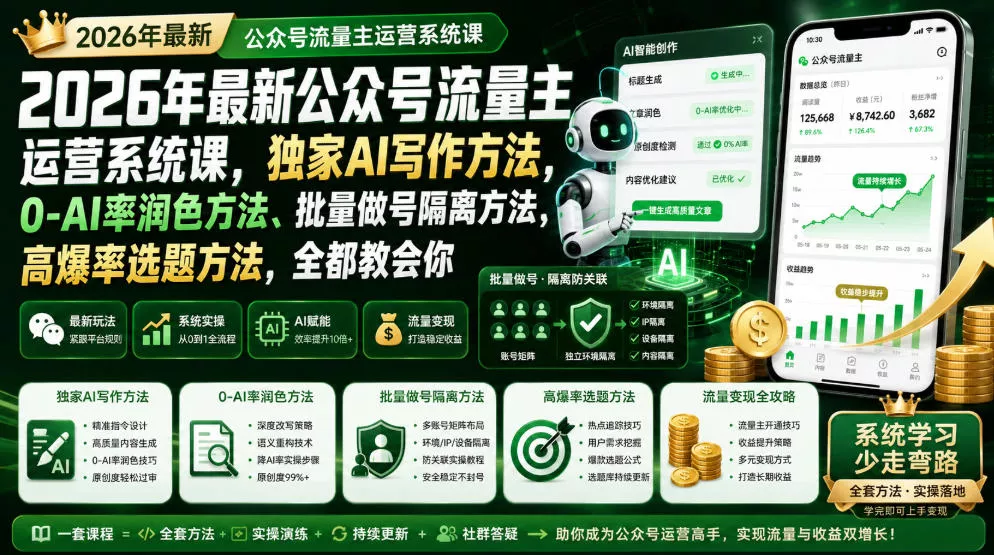 2026年最新公众号流量主运营系统课,独家AI写作方法,0-AI率润色方法、批量做号隔离方法、高爆率选题方法,全都教会你-资源之家