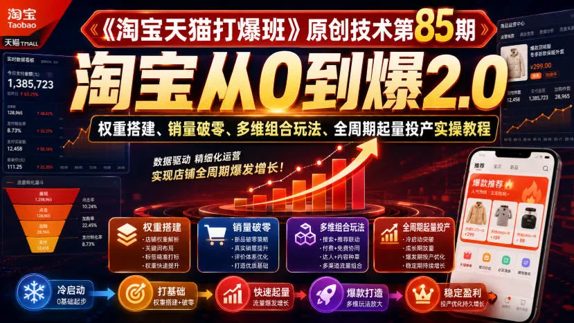 《淘宝天猫打爆班》原创技术第85期，淘宝从0到爆2.0，权重搭建、销量破零、多维组合玩法、全周期起量投产实操教程-资源之家