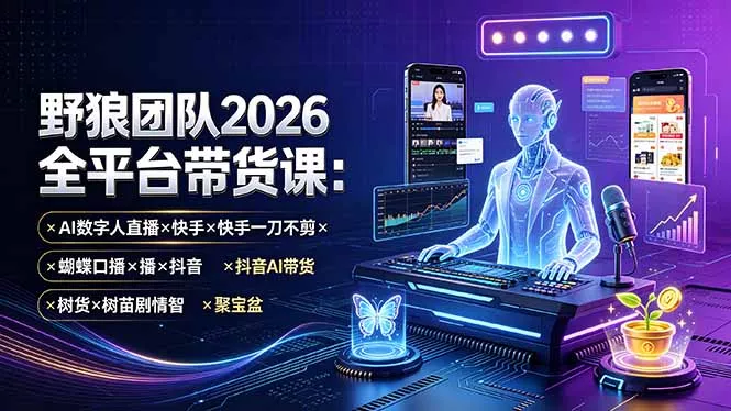 野狼团队2026全平台带货课-7月：AI数字人直播×快手一刀不剪×蝴蝶口播×抖音AI带货×树苗剧情智剪×聚宝盆-资源之家