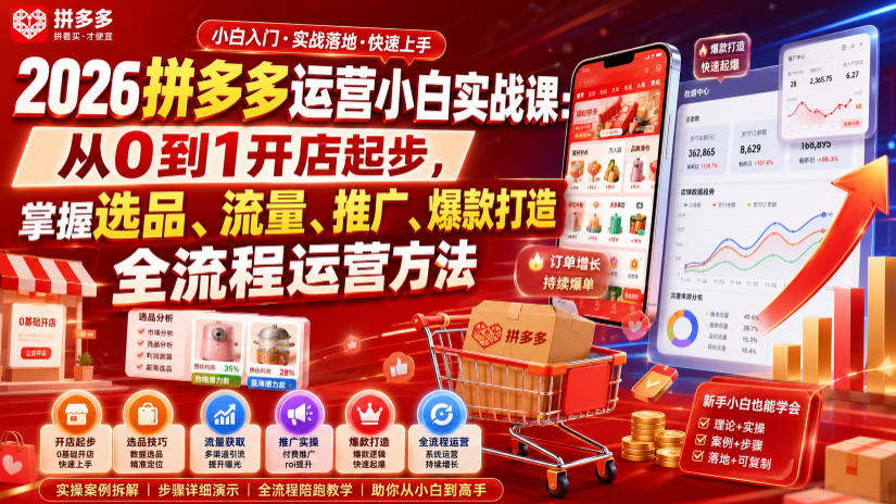 2026拼多多运营小白实战课:从0到1开店起步,掌握选品、流量、推广、爆款打造全流程运营方法-资源之家