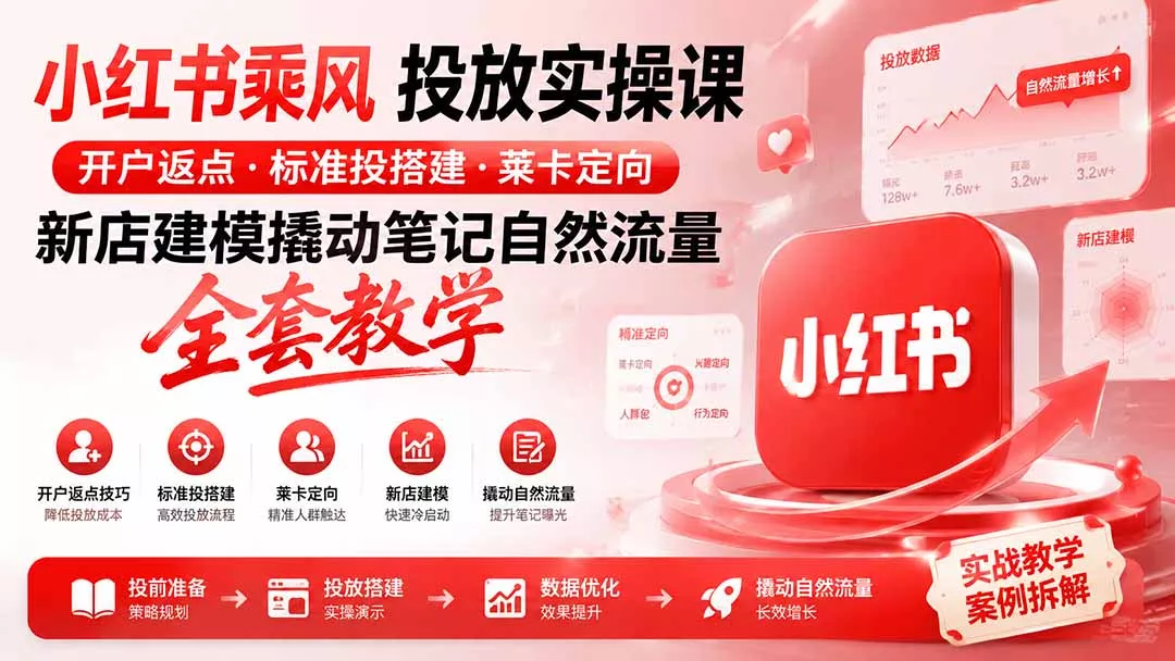 小红书乘风投放-100分钟实操课｜开户返点·标准投搭建·莱卡定向，新店建模撬动笔记自然流量全套教学-资源之家